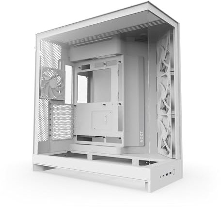 NZXT H9 Flow (2025) – Großes Dual-Kammer ATX Mid-Tower Airflow PC-Gehäuse – Enthält 3 x 140mm & 1 x 120mm Lüfter – 420mm Radiatorunterstützung – Gehärtetes Glas – Back-Connect bereit – Weiß