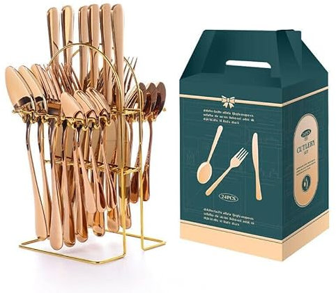 FATASH Cutlery Set for 1-6 People, 24pcs Stainless Steel Silverware with Hanging Stand, Mirror Polished Flatware Spoon, Fork, Butter Knife, Smooth Edges & Dishwasher Safe Dinner Tableware Rose Gold