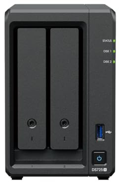 Synology DS725+ 8TB (Synology HAT33) 2 bay serie Plus con Ryzen R1600, 4 GB di RAM (32 GB max), 1 x 2,5 GbE, 1 x 1 GbE, 2 x slot M.2 NVMe. Espansione DX525 disponibile tramite Type-C.