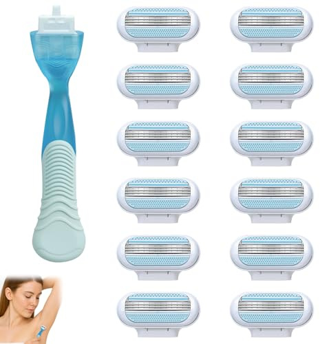 Musiook 12 Pcs Womens Razor Blades with Blue Handle, 3-Layer Razor Heads with Pivoting Design, Refill Blades for Women Razors for Shaving, Extra Smooth & Easy to Replace