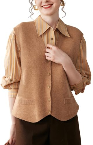 DISSA Cardigan sans Manches Cachemire Femme Col V Uni Gilet Tricoté en Vrac épais Cardigan en Cachemire et Laine,Camel,EU 40,MH587