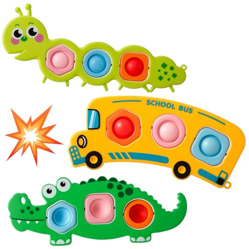 3 Packs Fidget Popper Sensory Toys Cute Animal Push Bubble Toys for Toddler 1-3 Years, Christmas Stocking Fillers Baby Toys for Boys Girls Airplane Travel Car Essentials Waiting Time