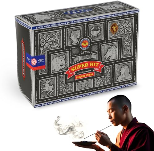 Varillas de Incienso, Incienso Super Hit, Original Enrollado a Mano de la India, meditación y relajación, Contiene 12 Cajas de Varillas de 15 g (180 Varillas en Total)
