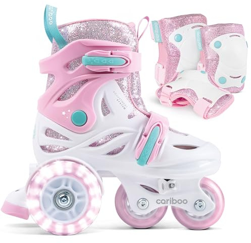 Cariboo Pattini per Bambini - Regolabili - Per Principianti - Set con Protezioni per Ginocchia, Gomiti e Polsi - Ballerina Rosa-Menta S