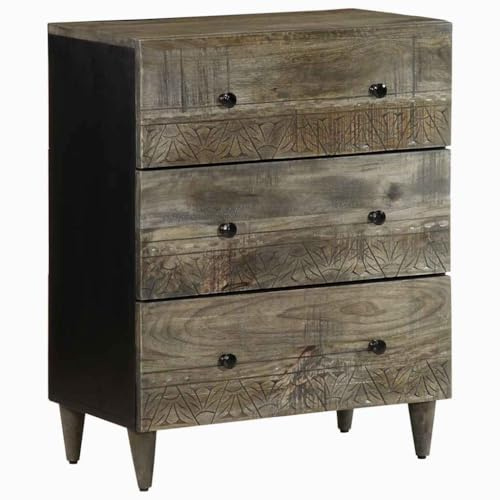 Frdhee Armoire de ménage polyvalente - Buffet - Gris clair - 60 x 33,5 x 75 cm - Bois massif de mangue - Pour documents, dossiers et accessoires de bureau - Peut être assemblé rapidement