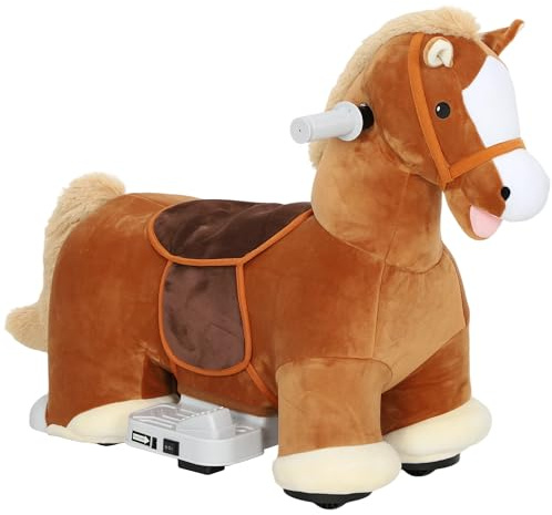 AIYAPLAY Cavallo Elettrico per Bambini 1.5-5 Anni con Pedali, Rotelle e Suoni Integrati, Cavallo Giocattolo in Peluche, PP, Metallo e ABS, 74x34x51 cm, Marrone