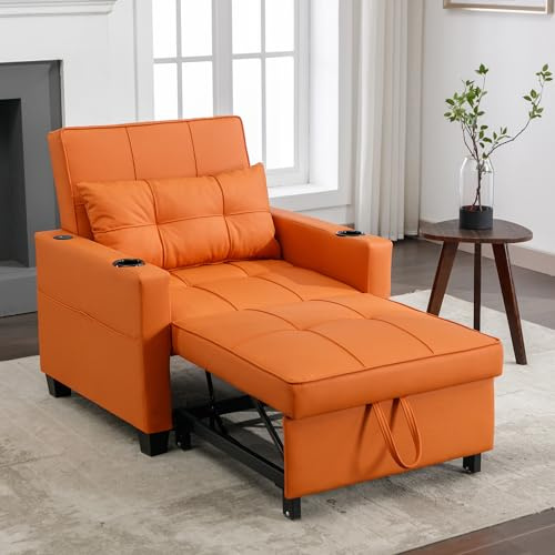 NuvlaGu Divano letto singolo allungabile 3 in 1 con USB e porta bevande, poltrona letto e divano reclinato, regolabile, salvaspazio, per piccoli spazi, camere degli ospiti e appartamenti (arancione)