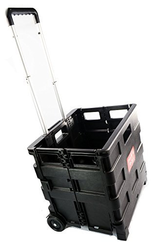 Foldable Plastic Shopping Trolley - Lightweight Teacher's Book Cart - Wheeled Folding Storage Box with Aluminium Handle - Black - 35KG