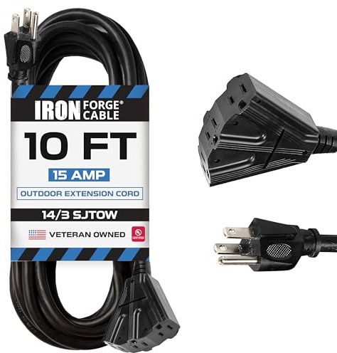 Iron Forge Cable 14 Gauge Outdoor Extension Cord 10 Ft with 3 Power Outlets, SJTOW 14/3 Heavy Duty Black 3 Prong, Oil Resistant & Flame Retardant