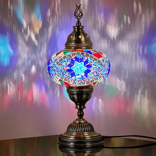 DEMMEX Grande lampada da tavolo in mosaico marocchino turco di 17,8 cm, vetro colorato Tiffany, decorazione artigianale per soggiorno/camera da letto, lampadina inclusa