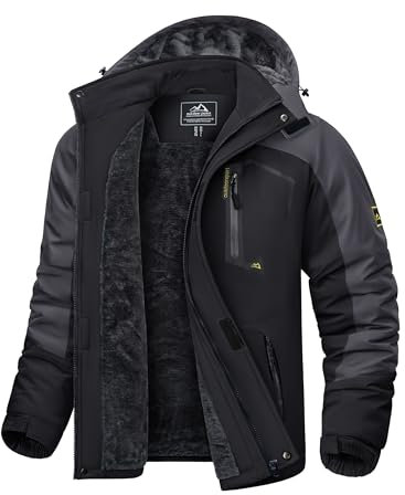 KEFITEVD Skijacke Herren Wasserdicht Atmungsaktiv Snowboardjacke Winter Warm Ski Jacke Herrenjacke Gefüttert Winterparka Snowboard Fleece Jacke mit Kapuze Schwarz-grau L