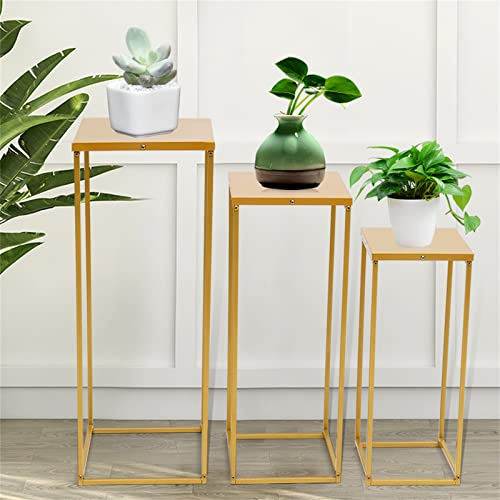 Fetcoi 3 stycken avtagbara blomhyllor i metall, guld, fristående, kvadratiskt blompelare, växtstativ för heminredning, bröllopsrekvisita