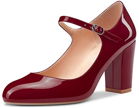 Castamere Femmes Mi Bloc Chunky Talon Heel Rond Bout Escarpins Mary Jane Lanières Cheville Bureau Party Dress Chaussures 8.5 CM Heels Bourgogne Rouge 36 EU