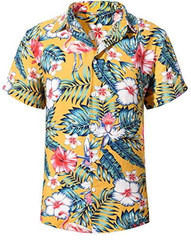 Yuson Girl Hawaii-skjorta för män, funky Hawaii-skjorta för män, kortärmad, ledig, blommigt blommönster, Hawaii-skjorta, unisex, button down bomull, sommarskjorta, Aloha tryckt strand, beige,
