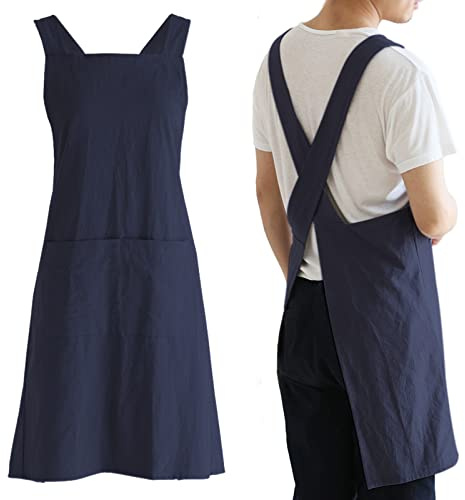 Tabliers de cuisine japonais en lin croisé dans le dos pour homme avec poches pour la pâtisserie, la peinture, le jardinage, le nettoyage, bleu marine, taille unique