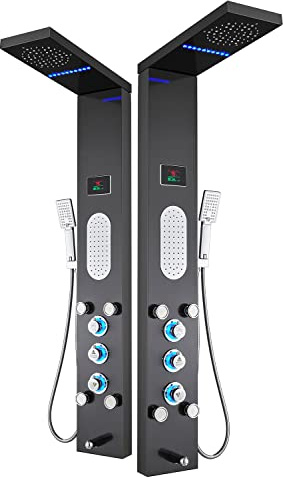 ELLO&ALLO LED Shower Panel Tower System, Rainfall and Mist Head Rain Massage Stainless Steel Shower Fixtures with Adjustable Body Jets, Brushed Black