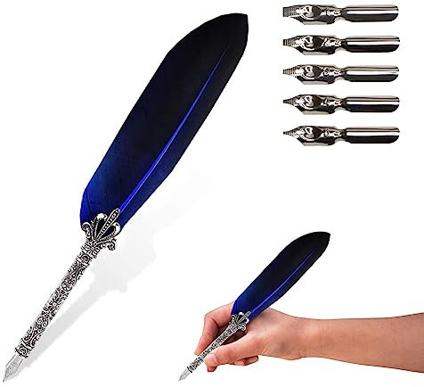 Schreibfeder Kalligraphie Feder,Handgemachte Dip Pen, Schreibfeder Tinte, Vintage Federkiel Dip Quill Pen Writing Ink, Vintage Federstift Tinte Set Antiken Feder Kalligraphie Stift, Bleu