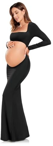 QIAIYALA Vestido de Maternidad para sesión de Fotos, Vestido de Manga Larga Negro, Vientre Abierto, sin Espalda, Vestidos de Embarazo para Mujer, Negro -, M