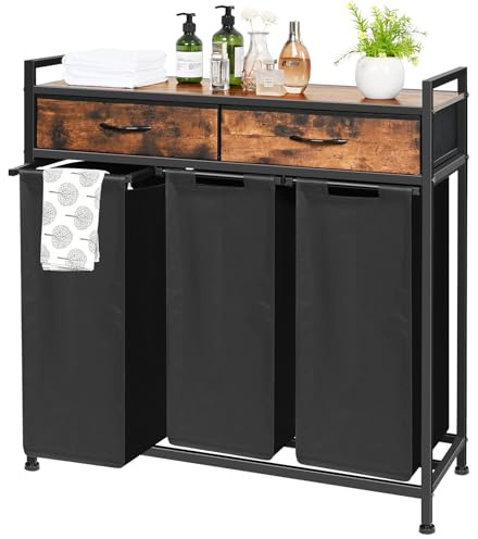 Laundry Sorter 3 Section, 180L Laundry Hamper Basket with Shelf and 2 Drawers, 3 Compartment Clothes Storage Organizer Cart, Pull-Out Removable Oxford Fabric Bags, Rustic Brown and Black