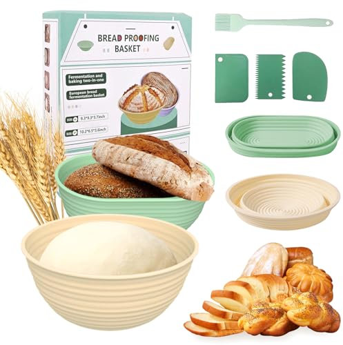 Set di 2 Cestino Lievitazione Pane in Silicone, 23.5 cm Rotondo e 26 cm Ovale Cestini da Lievitazione per Pane, Pieghevoli Cestini Lievitazione Pane, con 3 Spatole, 1 Pennello