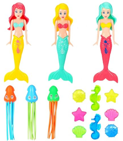 COSORO 14Pcs Diving Pool Toys,Mermaid Swimming Pool Toy Set with 3 Diving Mermaids,3 Fun Squid Dive Toys,8 Marine Gem,Dive Games Bath Water Toy Underwater Training Swim Toy for Kids Age 3-12