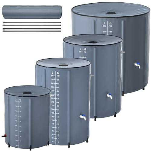 PEILU 750L Récupérateur d'eau de Pluie Pliable 150 Gallons Tonneau avec Robinet, échelle et Drainage, Collecteurs Portable Réservoir d'eau de Pluie Recueillir l'eau pour Le Jardin, Gris