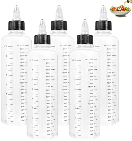 Generisch Squeeze Flasche, 5 Stück Quetschflasche mit Kappen, 250ml Kein Leck Condiment Flaschen Quetschflasche Aus Kunststoff mit Drehverschluss Und Skala für Ketchup Öl Essig(Transparent)