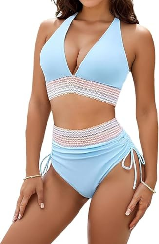 V-Neck Bikini 2-Piece Set, Women Bikini Sets Swimsuits Two Piece Drawstring Bathing Suit(Blue,L)