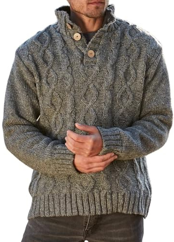Pachamama Jersey de lana para hombre, con forro polar, tejido a mano, color liso, hecho a mano, grueso, térmico, extra cálido, manga larga, medio botón, suéter de comercio justo