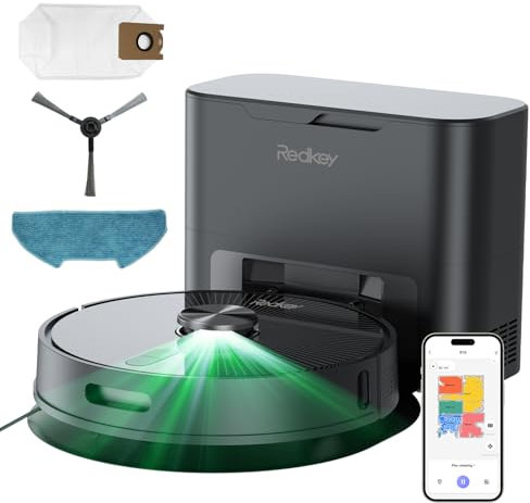 Redkey R10 Robot Aspirador y Fregasuelos 3 en 1，Aspirador Inalámbrico con Potencia, 90 Días de Autolimpieza, Depósito de Agua de 350ml,Navegación LIDAR,Control App,Pelo de Mascota y Suelos Duros