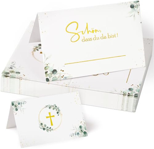 MEJOSER 50 Stück Tischkarten Kommunion Taufe Konfirmation Tischdeko Hochzeit Namensschilder Mädchen Junge Eukalyptus Schön dass du da bist Platzkarten Namenskarten zum Beschriften Party Deko Grün