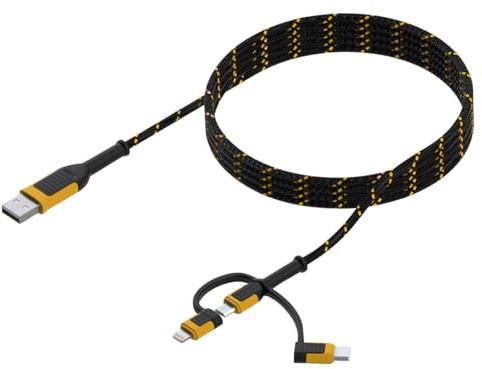 DeWALT 3-in-1 Combination Charging Cable 1.8 meters (6ft) USB A to USB C, Lightning® or USB-Micro Reinforced with Kevlar® to Withstand Repeated Bending and Flexing For Longer Life Span