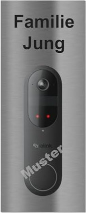 Jung Edelstahl Design Türschild für Reolink Video Doorbell (Battery) aus V2A Edelstahl - Klingelschild 20x20 cm Haustürschild mit Namen individuell personalisierbar (Edelstahl, 10 x 25 cm)
