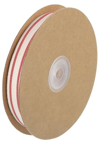 QUARKZMAN Cinta De Rayas De Algodón Natural, Rollo De Cinta De Tela De Algodón De 5/8 Pulgada X 10 Yardas, Natural Con Cinta De Grosgrain Roja Para Envolver Regalos, Manualidades DIY