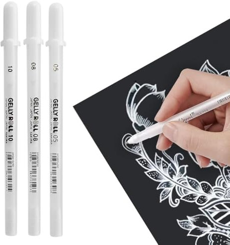 OHREN Set de 3 Stylos gel Blanc - Fine, Moyen et Fort - Encre gel pigmentée à base d'eau - Idéal pour l'écriture, le dessin et les projets créatifs