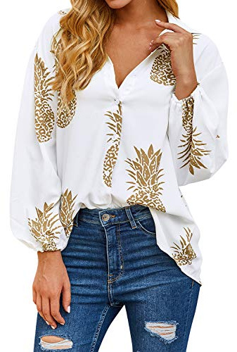 Yihelian Women Long Sleeve Shirts Pineapple Printed V Neck Top Buttons Down Blouse for Summer Autumn White