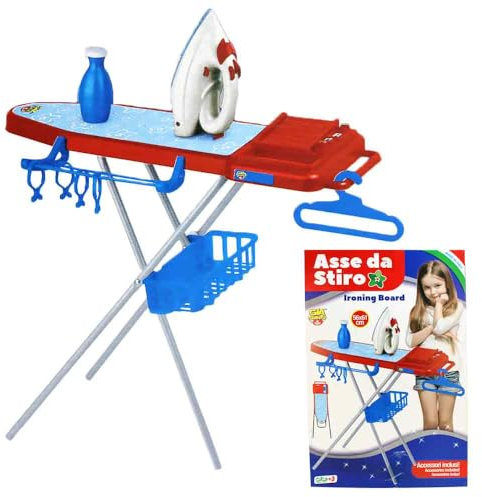 Spielzeug Bügelbrett für Kinder – 61 cm hoch – Mit Spielzeug-Bügeleisen & Kleideranhängern – Ab 3 Jahren – In Rot & Blau
