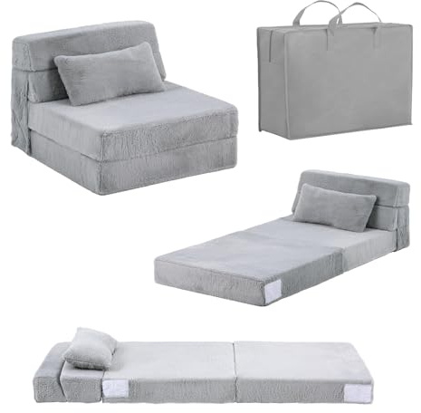 SESHINELL Folding Sofa Bed with Pillow, 4-in-1 Floor Couch Sleeper Chair, Fold Out Guest Mattress Chair Bed with Side Pocket, Boneless Couch for Living Room, Dorm, Home Office, 65X130X12CM, Pluhs Grey