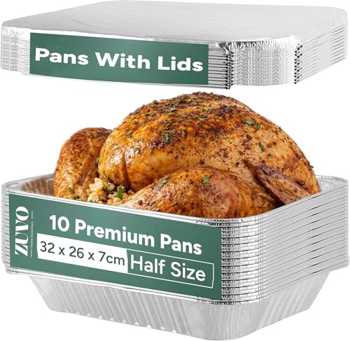 Zuvo - Bandejas grandes de aluminio con tapas de 32 x 26 x 7 cm (paquete de 10) | Contenedores desechables de alta resistencia para cocinar, hornear, asar, barbacoa, preparación de comidas y catering