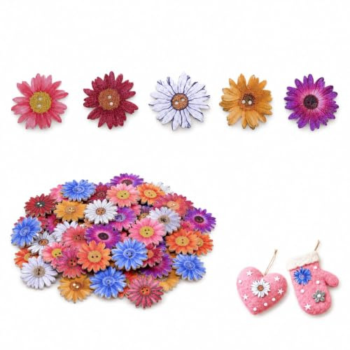 50 PCS Wooden Flower Buttons 25mm Retro Cute Mixed Random Chrysanthemum Buttons with Two Holes for Sewing Knitting Crafting Scrapbook Baby Clothes Cardigans