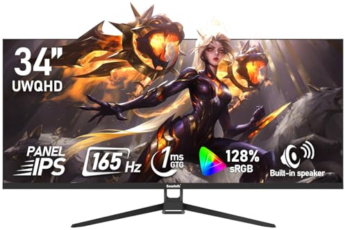 Gawfolk 34 Inch IPS Ultrawide 165Hz Gaming Computer Monitors, 21:9 UWQHD (3440x1440) PC Screen, 128% sRGB, Adaptive Sync, Built-in speaker, Display Port, HDMI, Compatible with Wall mounting - Black