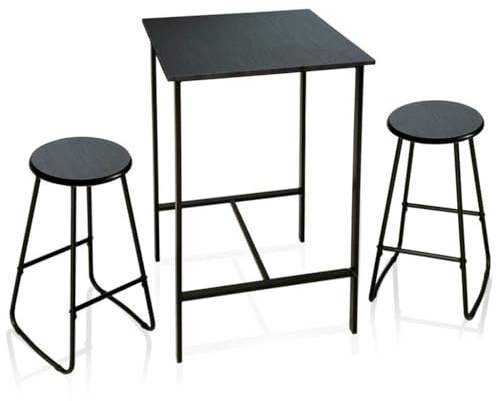 MA MAISON Set Tavolo Alto con 2 Sgabelli - Quadrato, in Legno, Struttura in metallo, Stile Moderno, Industriale, per Bar, Casa - Tavolo 60 x 60 x 100h cm (Nero)
