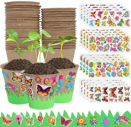 Kit per coltivazione piante per bambini, 30 vasi di torba con 20 adesivi divertenti e 6 recinzioni, kit da giardino creativo per giardinaggio bambini, coltivazione di piante artigianali per bomboni