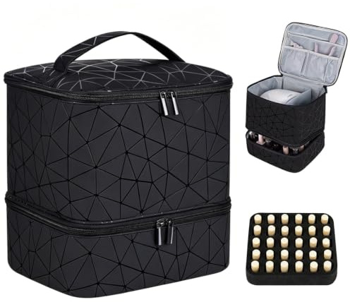 Nail Polish Organizer Case, Double-Layer Nail Polish Storage Bag Holds 30 Bottles & Lamp, Portable Nail Polish Case with Adjustable Divider for Manicure Tools, Nail Technician/Enthusiasts