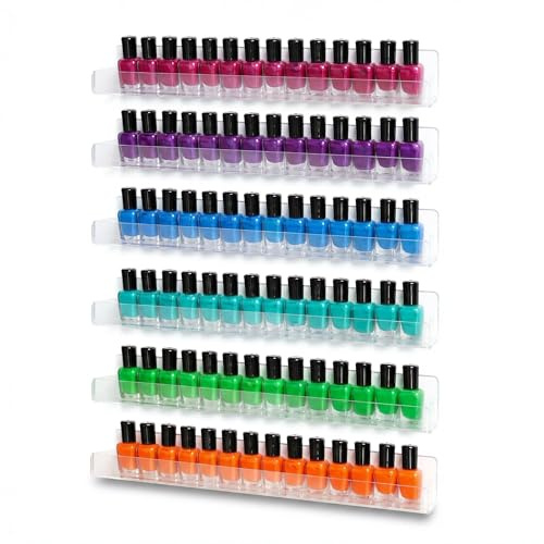 Umirokin Acrylic Nail Polish Rack Wall Mounted - 6 Pack Clear Nail Polish Organizer Shelf for 60-90 Bottles, Hanging Floating Essential Oil Storage & Paint Rack, 15 Inch Wall Holder for Salon & Home