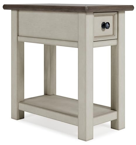 Signature Design by Ashley Bolanburg Chairside End Table With Charging Station, Two-Tone Wood Accent Table With Drawer Storage, Plank Top Design for Living Room or Bedroom, Antique White