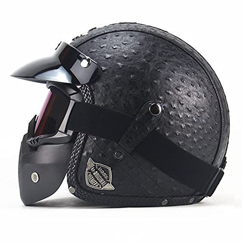 Motorradhelm Retro Jethelm Unisex Vintage Open Face Leder-Helm Winter Winddichter Motorrad Roller Helm, Mit Brille und Maske, ECE Genehmigt Jethelm Für Damen Und Herren M~XXL
