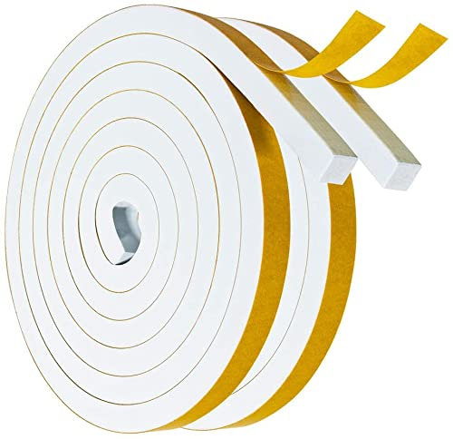 Draught Excluder Tape, Weather Stripping 12mm(W) x10mm(T) Foam Strip Seal Self Adhesive for Door Window Against Cold Draught/Anti-Collision/Soundproof/Waterproof/Dustproof, 2 Rolls Total 4M, White