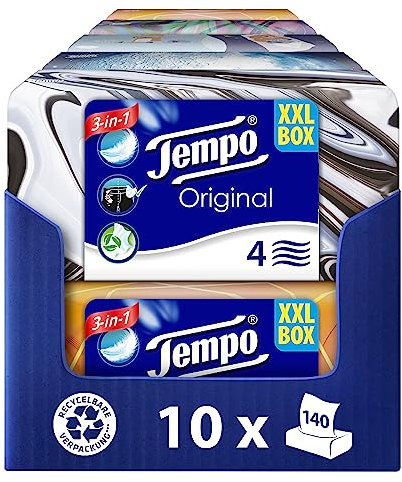 Tempo XXL Taschentücher Box - Vorteilspack - 10 Boxen, 140 Tücher pro Box - extra starke, weiche Papiertaschentücher, waschmaschinenfest