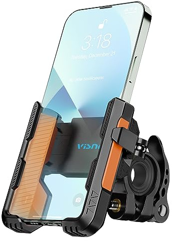 visnfa New Upgraded Bike Phone Mount Holder Two Connectors Quickly Lock and Release,360°Rotatable Bicycle Motorcycle Scooter Accessories Handlebar Phone Clip for 4.0-7.0 Smartphone (Orange)